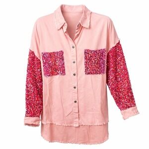 Fantastic Fawn Pink Sequin Sleeve Denim Shirt Jacket Women's Size L/XL
